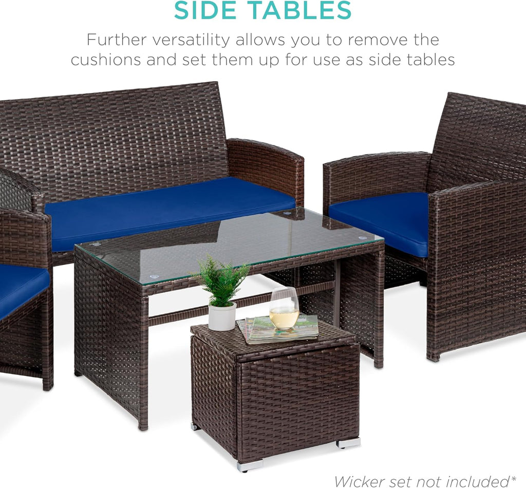 Best Choice Products - Juego de 2 otomanas de mimbre, muebles multiusos para exteriores, para patio, asiento adicional, reposapiés, mesa auxiliar con almacenamiento, cojines extraíbles, azul marino