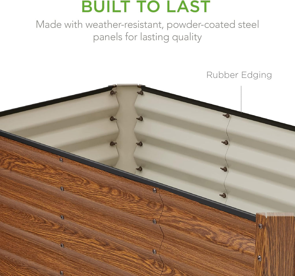 Best Choice Products Cama de jardín elevada de metal para exteriores de 4 x 2 pies, caja de maceta de raíz profunda para verduras, flores, hierbas y suculentas con capacidad de 119 galones, grano de madera