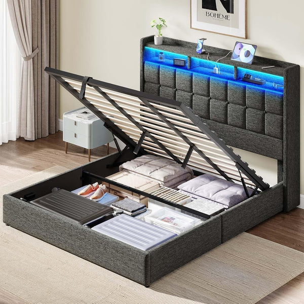 Marco de Cama de tamaño King con Almacenamiento, Marco tapizado para Cama King con estación de Carga y cabecera de Luces LED, no Necesita somier, fácil Montaje, Gris Oscuro