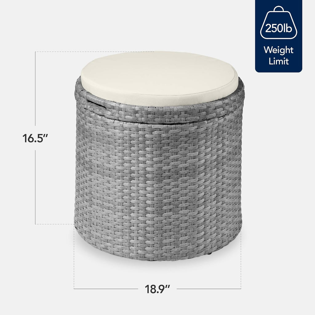 Best Choice Products otomana redonda de mimbre, muebles multiusos para exteriores, para patio, asiento adicional, reposapiés, mesa auxiliar con almacenamiento, cojines extraíbles, gris/crema