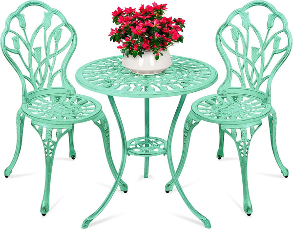 Best Choice Products Juego de 3 piezas de aluminio fundido resistente al óxido para patio con diseño de tulipán, acabado antiguo, color verde azulado