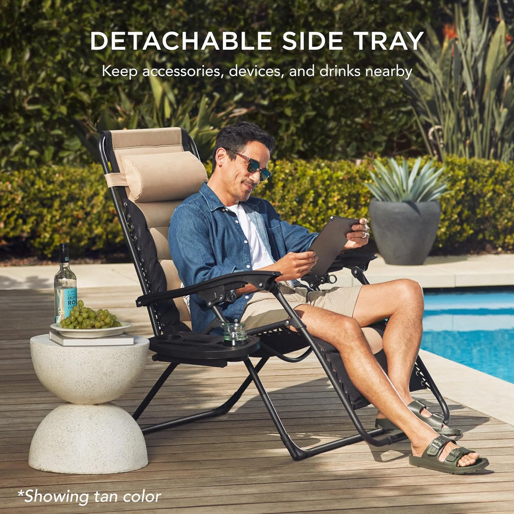 Best Choice Products - Silla acolchada de gran tamaño, reclinable plegable para patio al aire última intervensión, tumbona antigravedad XL para patio trasero con reposacabezas, soporte para vasos,