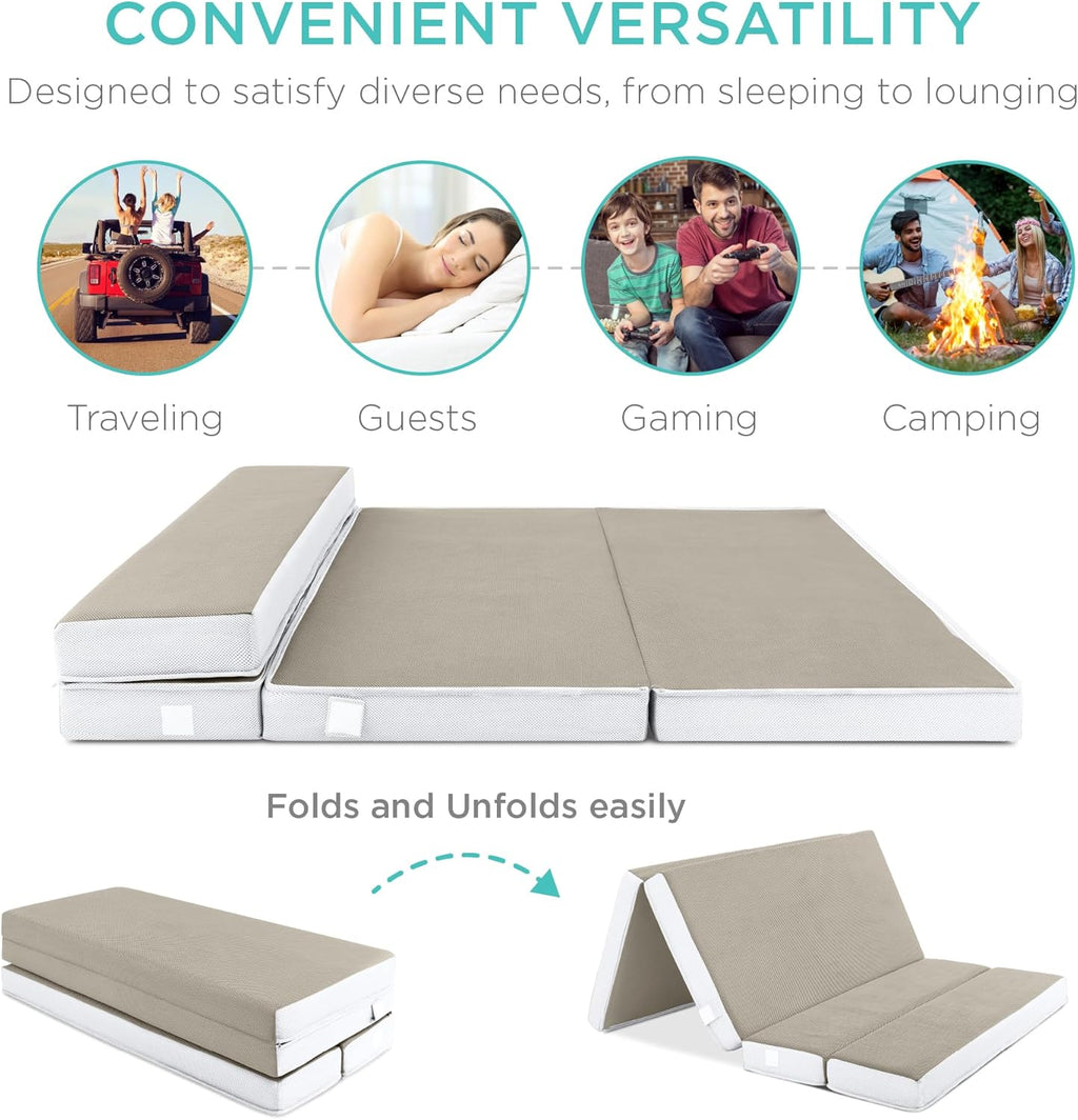 Best Choice Products Colchón portátil de tamaño completo de 4 pulgadas, cubrecolchón plegable para camping, invitados, niños pequeños, felpa de espuma con funda de transporte, color gris pardo