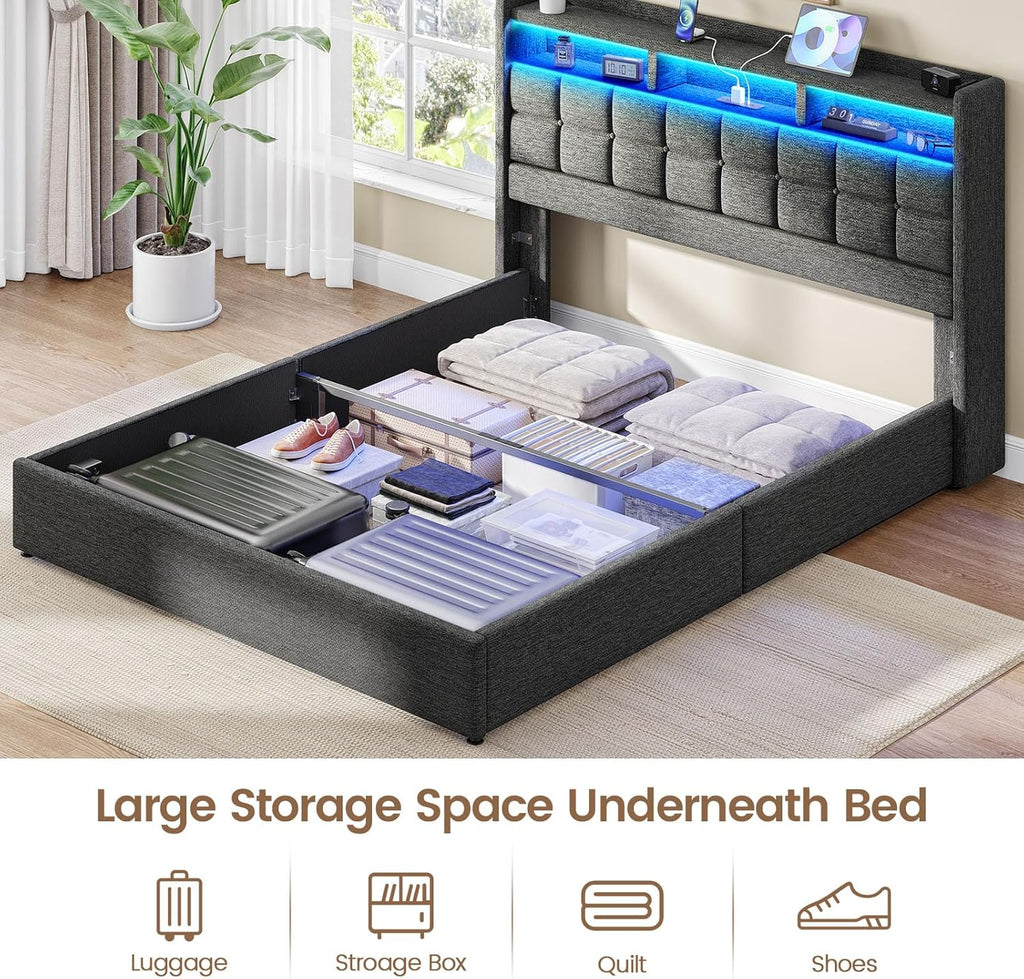 Marco de Cama de tamaño King con Almacenamiento, Marco tapizado para Cama King con estación de Carga y cabecera de Luces LED, no Necesita somier, fácil Montaje, Gris Oscuro