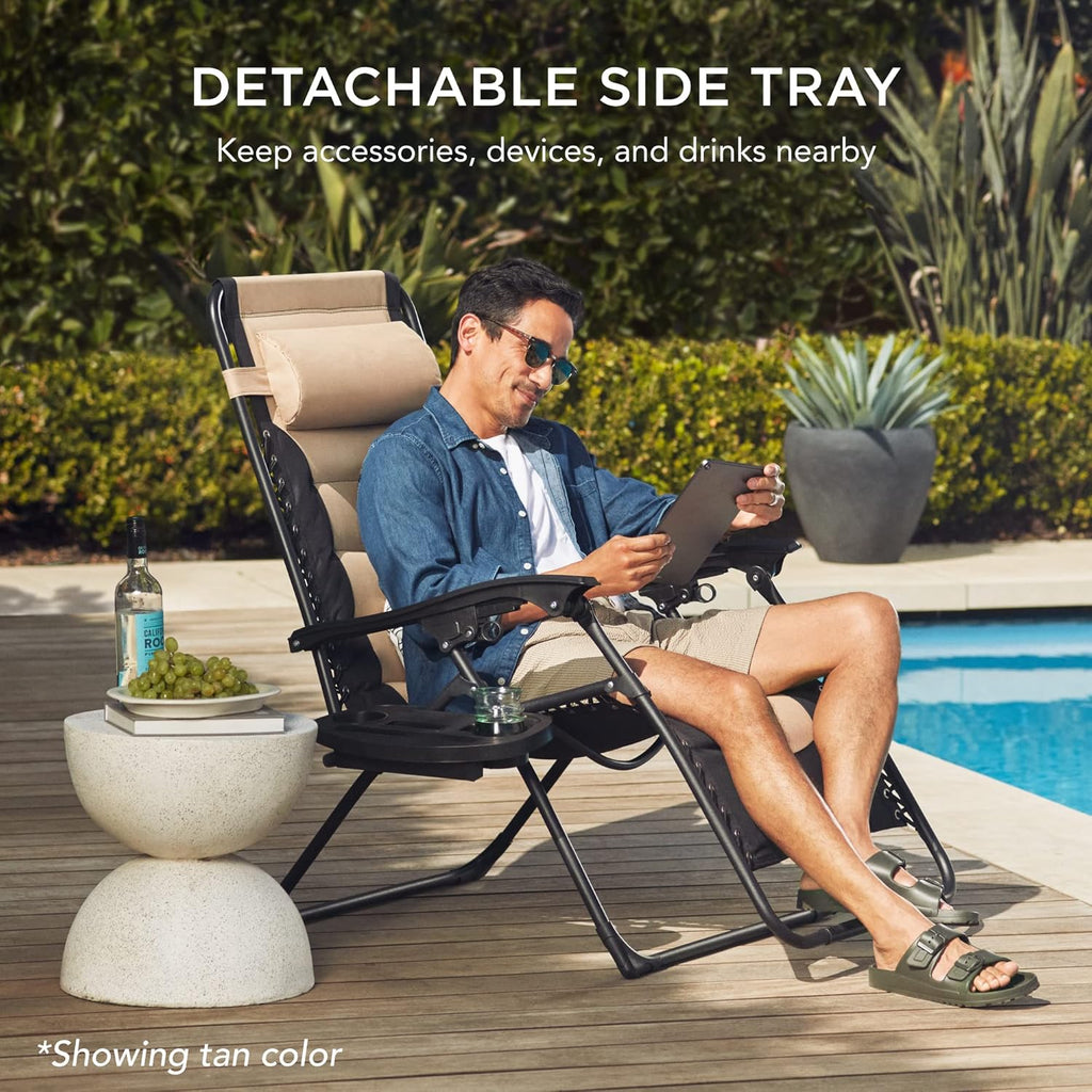 Best Choice Products - Silla acolchada de gran tamaño, reclinable plegable para patio al aire última intervensión, tumbona antigravedad XL para patio trasero con reposacabezas, soporte para vasos,