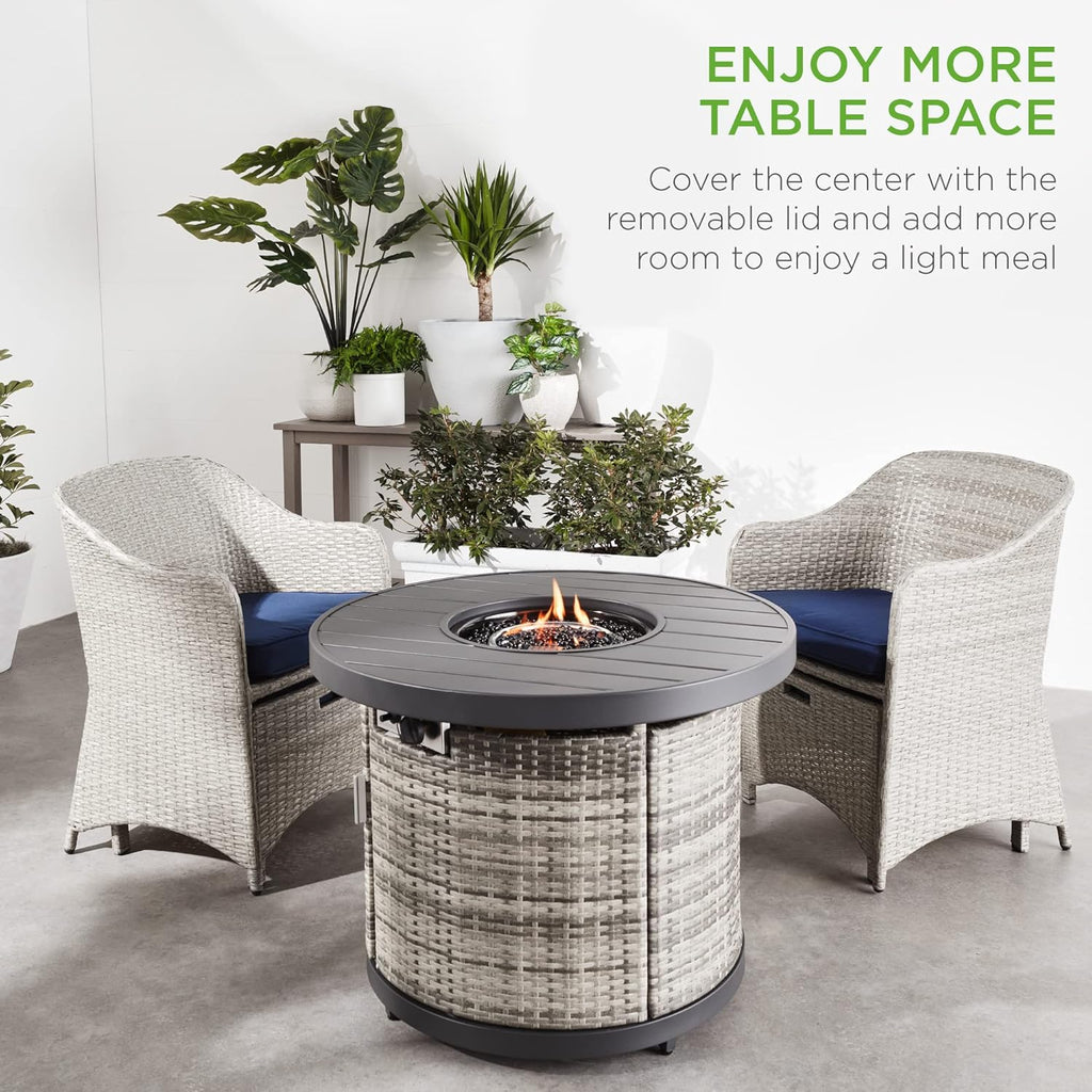 Best Choice Products Mesa redonda de gas de 32 pulgadas, 50.000 BTU para exteriores, de mimbre para patio, con mesa de madera sintética, abalorio de vidrio, cubierta, soporte para tanque oculto, tapa, color gris