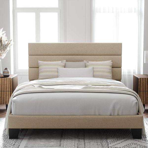 Marco de Cama de Plataforma tamaño Queen con cabecera tapizada de Tela y Soporte de Listones de Madera, Base de colchón Totalmente tapizada, no Necesita somier, fácil Montaje, Color Beige