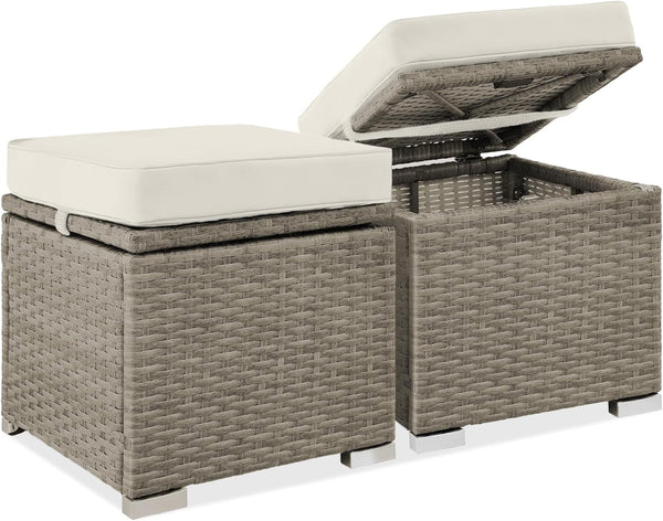Best Choice Products - Juego de 2 otomanas de mimbre, muebles multiusos para exteriores, para patio, asiento adicional, reposapiés, mesa auxiliar con almacenamiento, cojines extraíbles, arena blanca