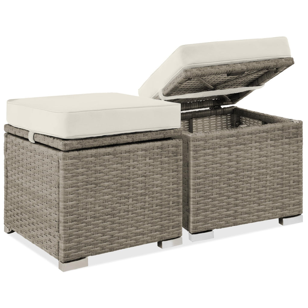 Best Choice Products - Juego de 2 otomanas de mimbre, muebles multiusos para exteriores, para patio, asiento adicional, reposapiés, mesa auxiliar con almacenamiento, cojines extraíbles, arena blanca