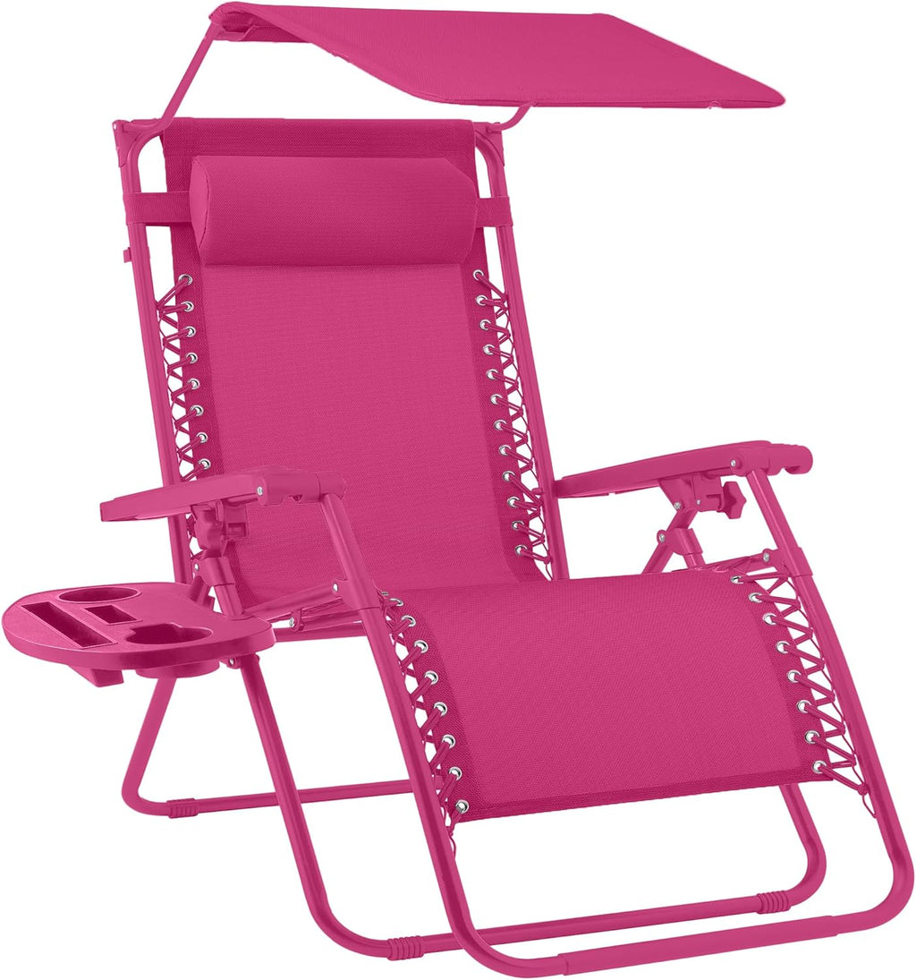 Best Choice Products - Silla reclinable plegable de gravedad cero para exteriores, con toldo ajustable, reposacabezas, bandeja de accesorios lateral, malla textilena, color rosa intenso