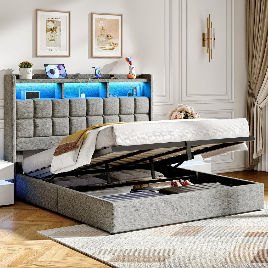 Marco de Cama de tamaño Queen con Almacenamiento, Marco de Cama tapizado tamaño Queen con Luces LED, cabecera y estación de Carga, no Necesita somier, fácil Montaje, Gris Claro