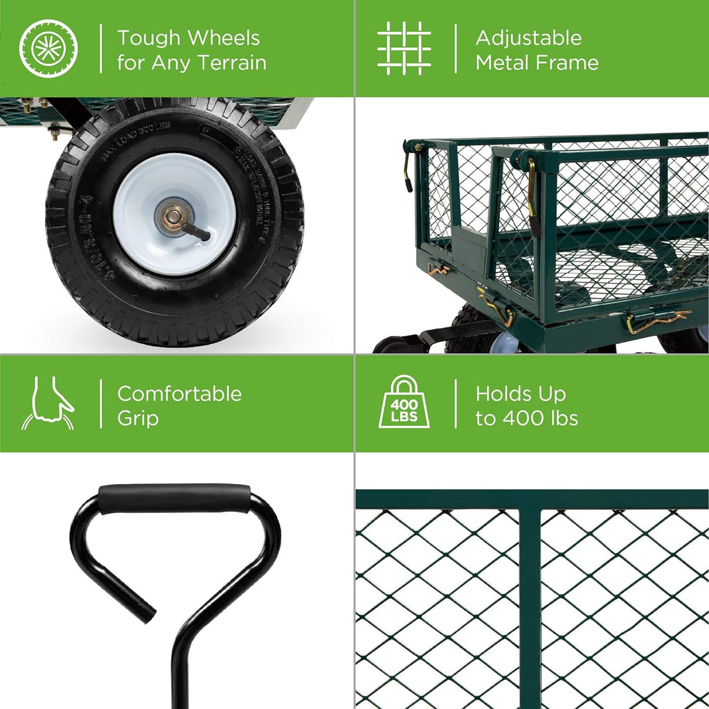 Best Choice Products - Carro de jardín utilitario para césped, Patio con Capacidad de Peso de Acero Resistente de 400 Libras, Lados extraíbles, Mango Largo, neumáticos de 10 Pulgadas, Color Verde