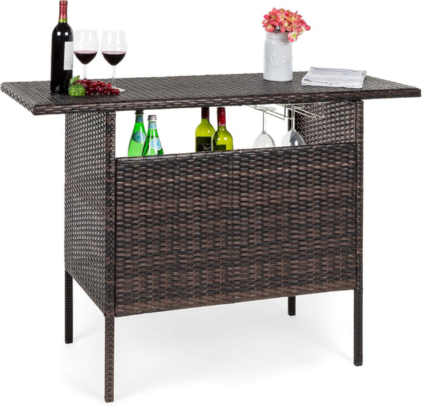 Best Choice Products - Mesa de mimbre para patio al aire libre con 2 estantes de acero y 2 juegos de rieles, color marrón