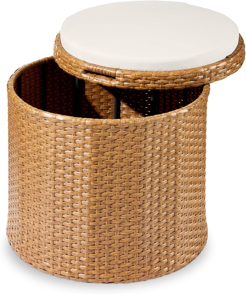 Best Choice Products - Otomana redonda de mimbre, muebles multiusos para exteriores, para patio, asiento adicional, reposapiés, mesa auxiliar con almacenamiento, cojines extraíbles, color natural