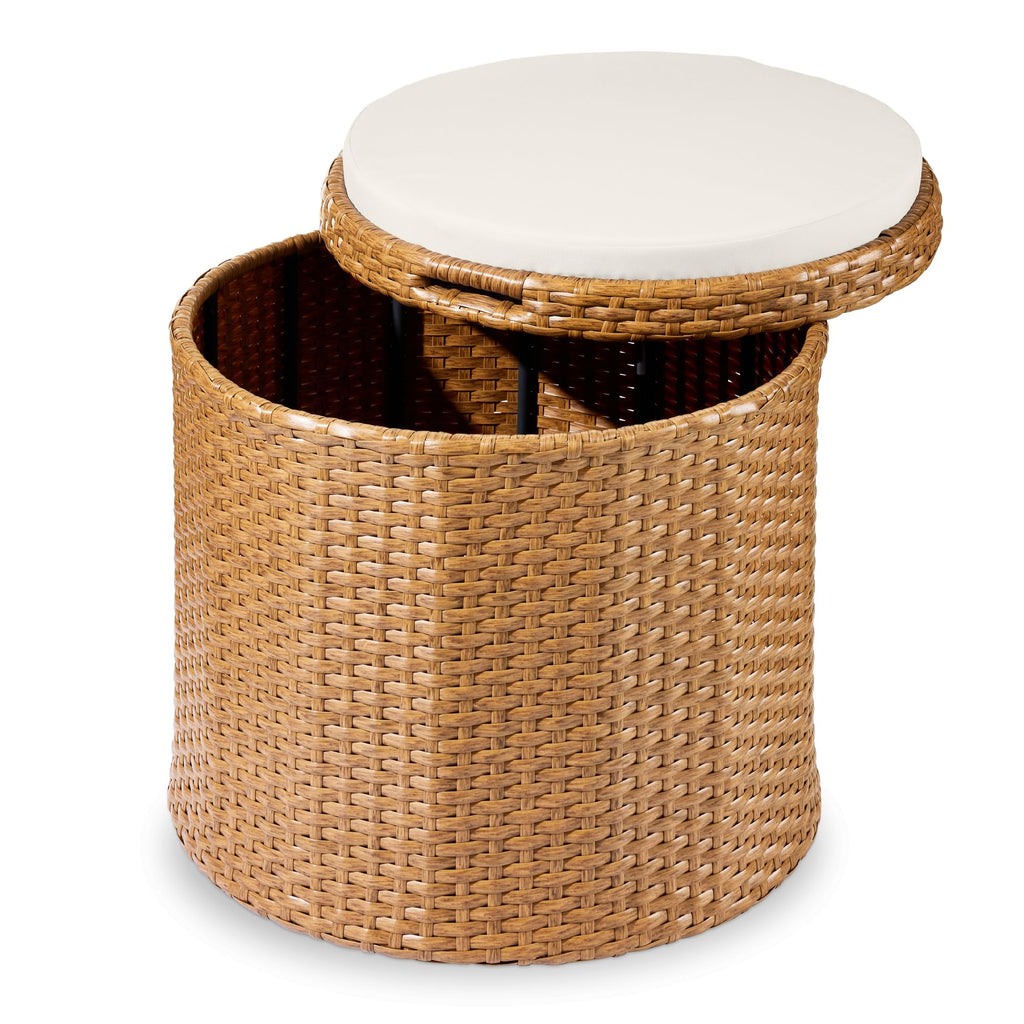 Best Choice Products otomana redonda de mimbre, muebles multiusos para exteriores, para patio, asiento adicional, reposapiés, mesa auxiliar con almacenamiento, cojines extraíbles, gris/crema