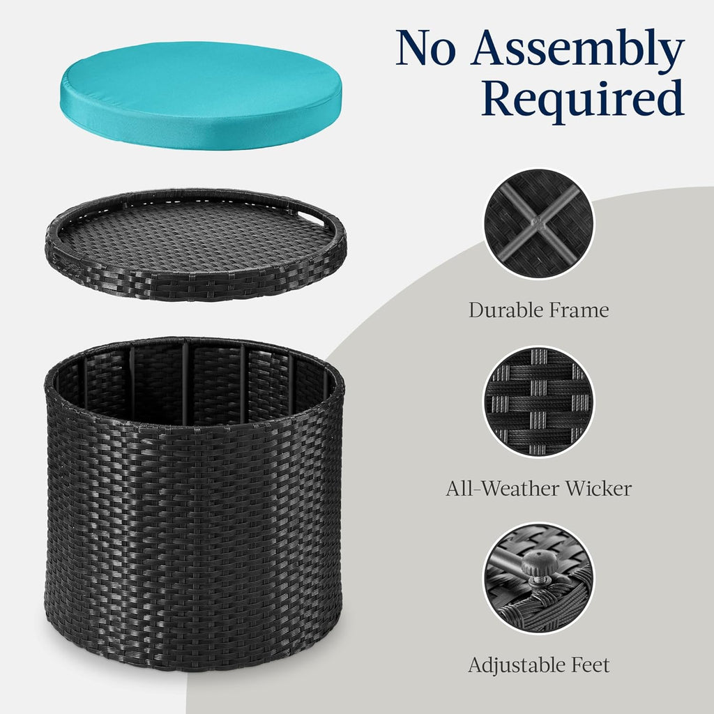 Best Choice Products - Otomana redonda de mimbre, muebles multiusos para exteriores, para patio, asiento adicional, reposapiés, mesa auxiliar con almacenamiento, cojines extraíbles, color negro/verde