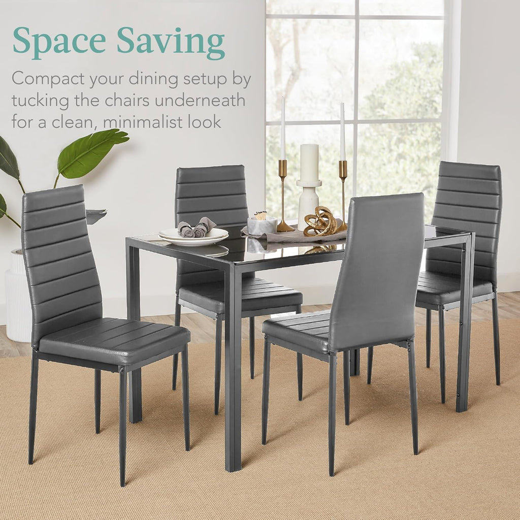Best Choice Products - Juego de comedor de vidrio de 5 piezas, muebles modernos de mesa de cocina para comedor, comedor, comedor, compacto ahorro de espacio con mesa de vidrio, 4 sillas tapizadas de