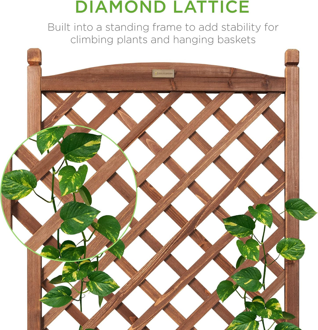 Best Choice Products - Maceta de madera de 122 cm y enrejado de diamante, cama de jardín elevada móvil para plantas trepadoras con agujeros de drenaje, ruedas opcionales - nogal