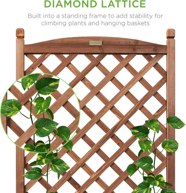Best Choice Products - Maceta de madera de 122 cm y enrejado de diamante, cama de jardín elevada móvil para plantas trepadoras con agujeros de drenaje, ruedas opcionales - nogal