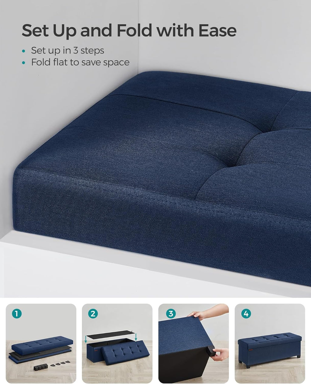 SONGMICS - Banco otomano de almacenamiento, reposapiés plegable con patas, 15 x 43 x 15.7 pulgadas, banco de extremo de cama, pecho de almacenamiento, carga hasta 650 libras, para sala de estar,