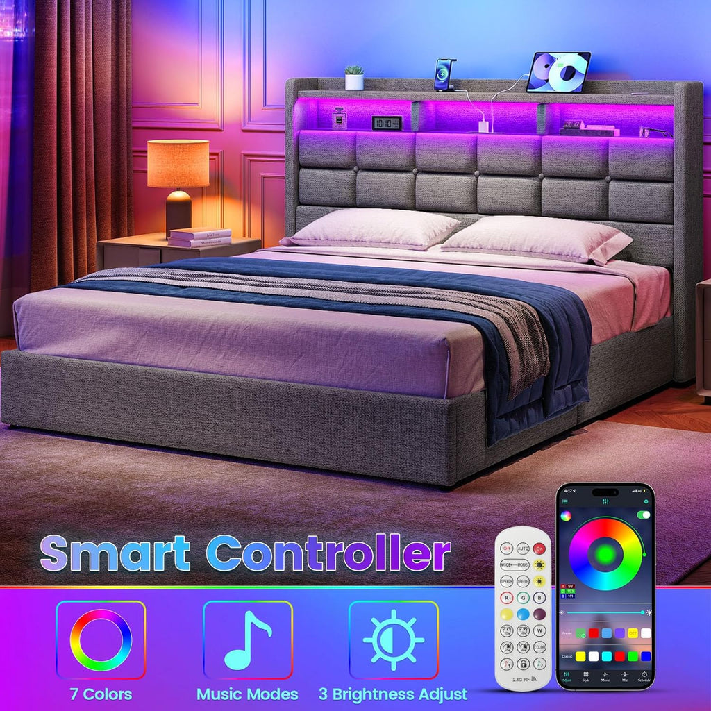 Marco de Cama de tamaño Queen con Almacenamiento, Marco de Cama tapizado tamaño Queen con Luces LED, cabecera y estación de Carga, no Necesita somier, fácil Montaje, Gris Claro