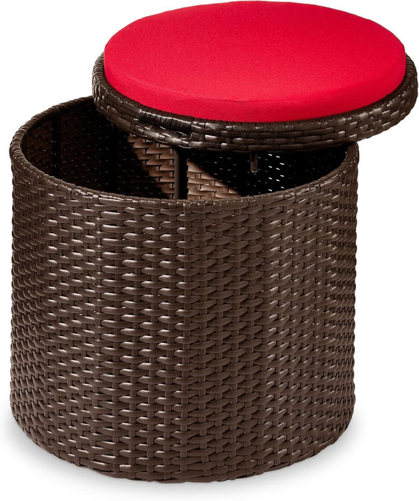 Best Choice Products - Otomana redonda de mimbre, muebles multiusos para exteriores, para patio, asiento adicional, reposapiés, mesa auxiliar con almacenamiento, cojines extraíbles, café/rojo