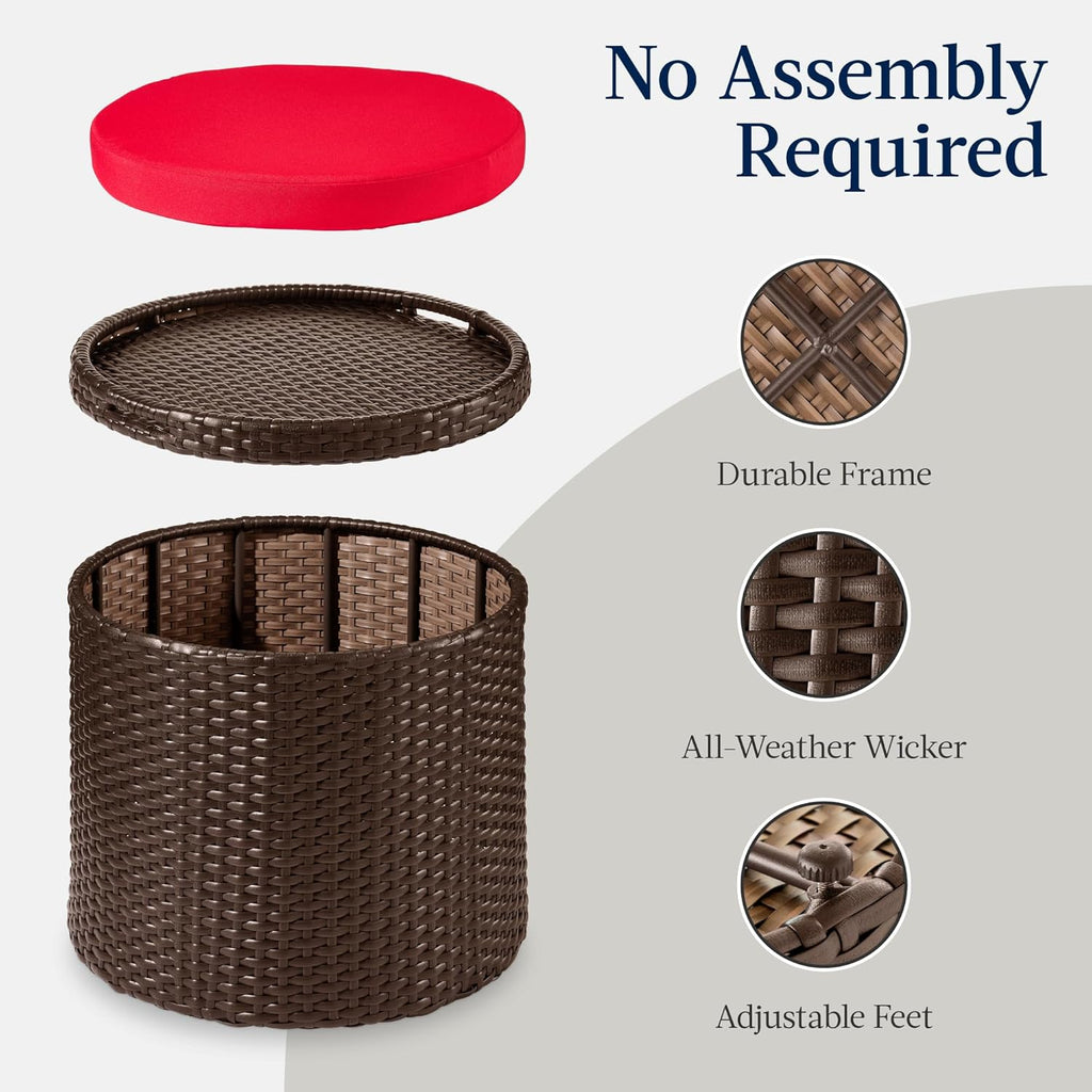 Best Choice Products - Otomana redonda de mimbre, muebles multiusos para exteriores, para patio, asiento adicional, reposapiés, mesa auxiliar con almacenamiento, cojines extraíbles, café/rojo