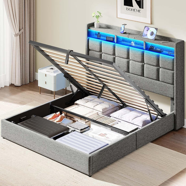 Marco de Cama de tamaño Queen con Almacenamiento, Marco de Cama tapizado tamaño Queen con Luces LED, cabecera y estación de Carga, no Necesita somier, fácil Montaje, Gris Claro