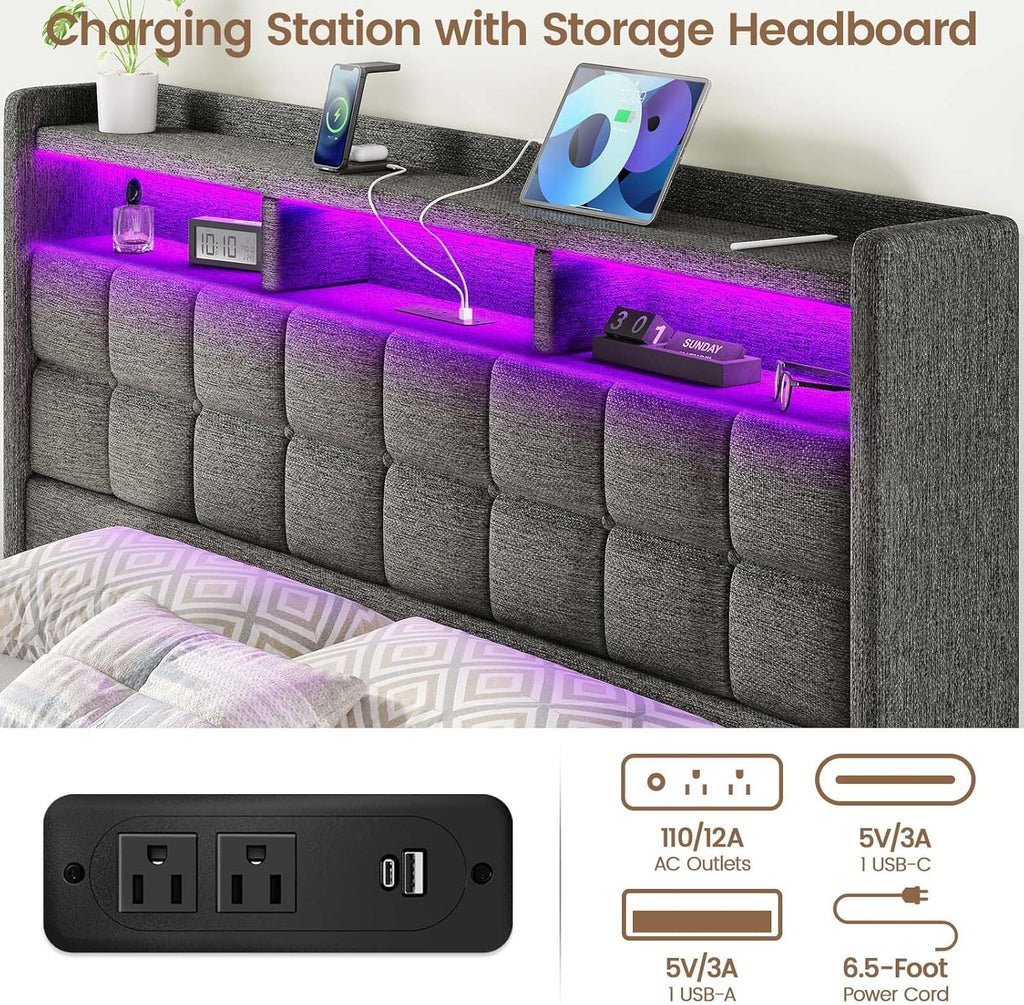 Marco de Cama de tamaño King con Almacenamiento, Marco tapizado para Cama King con estación de Carga y cabecera de Luces LED, no Necesita somier, fácil Montaje, Gris Oscuro