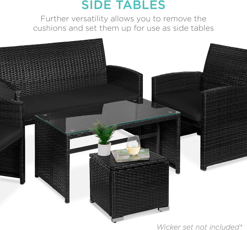 Best Choice Products - Juego de 2 otomanas de mimbre, muebles multiusos para exteriores, para patio, asiento adicional, reposapiés, mesa auxiliar con almacenamiento, cojines extraíbles, negro/negro