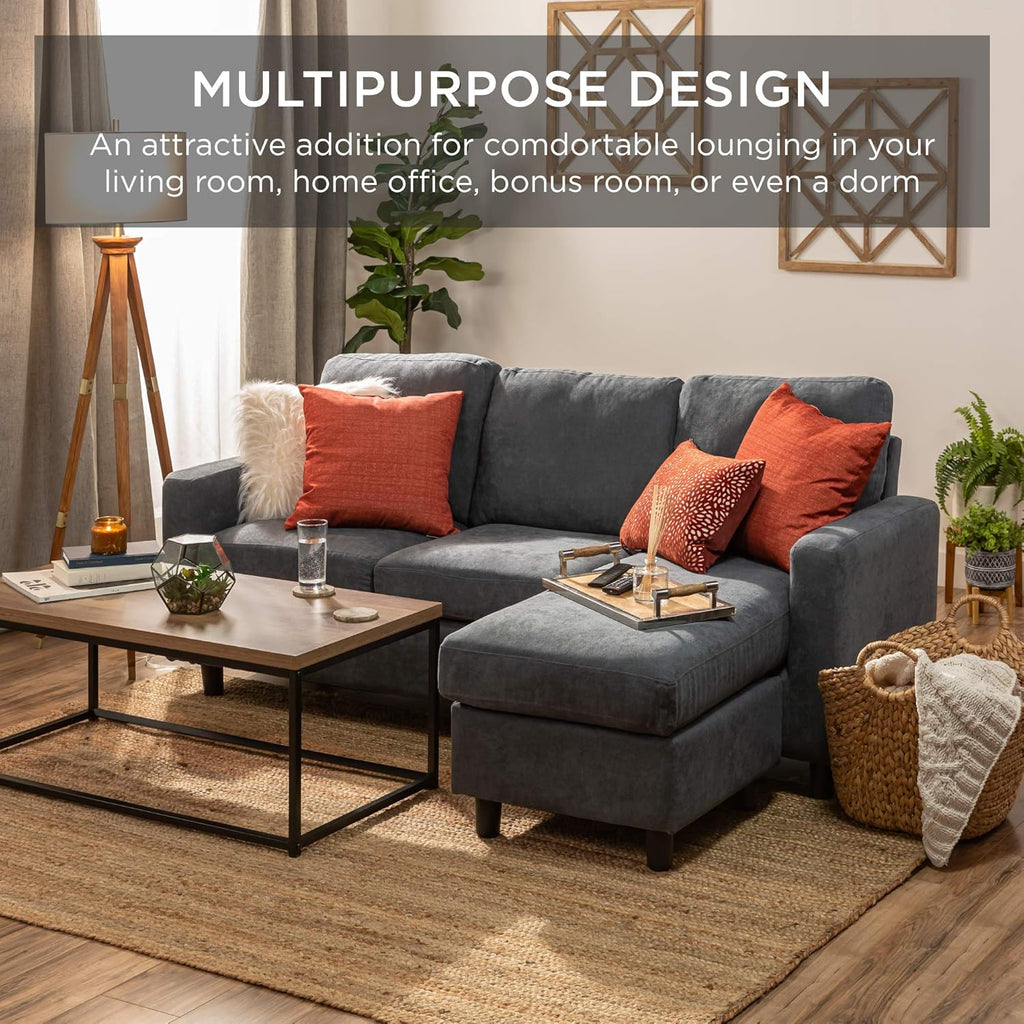 Best Choice Products Sofá seccional de lino para el hogar, apartamento, dormitorio, habitación extra, espacios compactos con chaise lounge, 3 asientos, diseño en forma de L, banco otomano reversible, capacidad de 800 libras - gris