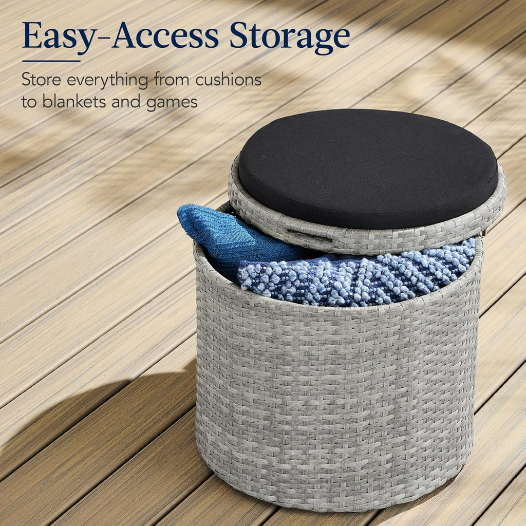 Best Choice Products - Otomana redonda de mimbre, muebles multiusos para exteriores, para patio, asiento adicional, reposapiés, mesa auxiliar con almacenamiento, cojines extraíbles, gris/negro
