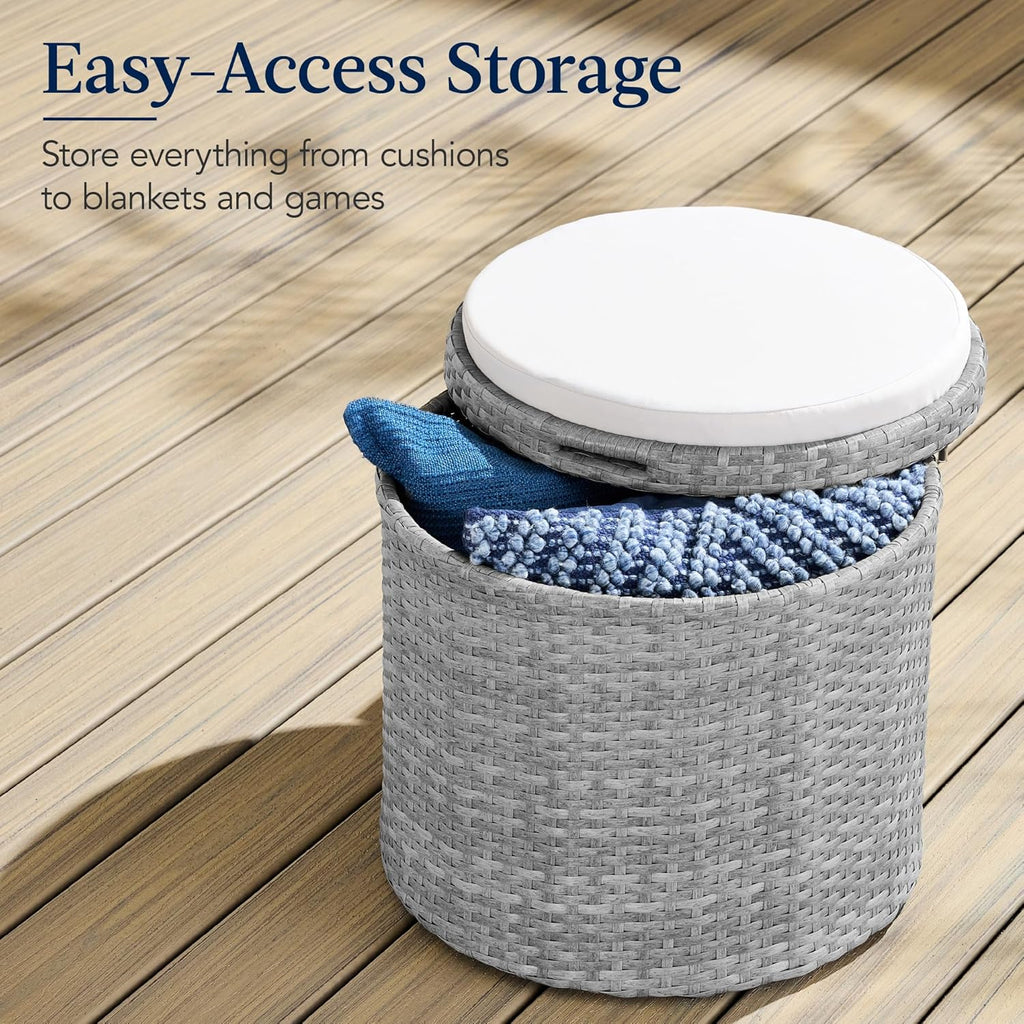 Best Choice Products otomana redonda de mimbre, muebles multiusos para exteriores, para patio, asiento adicional, reposapiés, mesa auxiliar con almacenamiento, cojines extraíbles, gris/crema