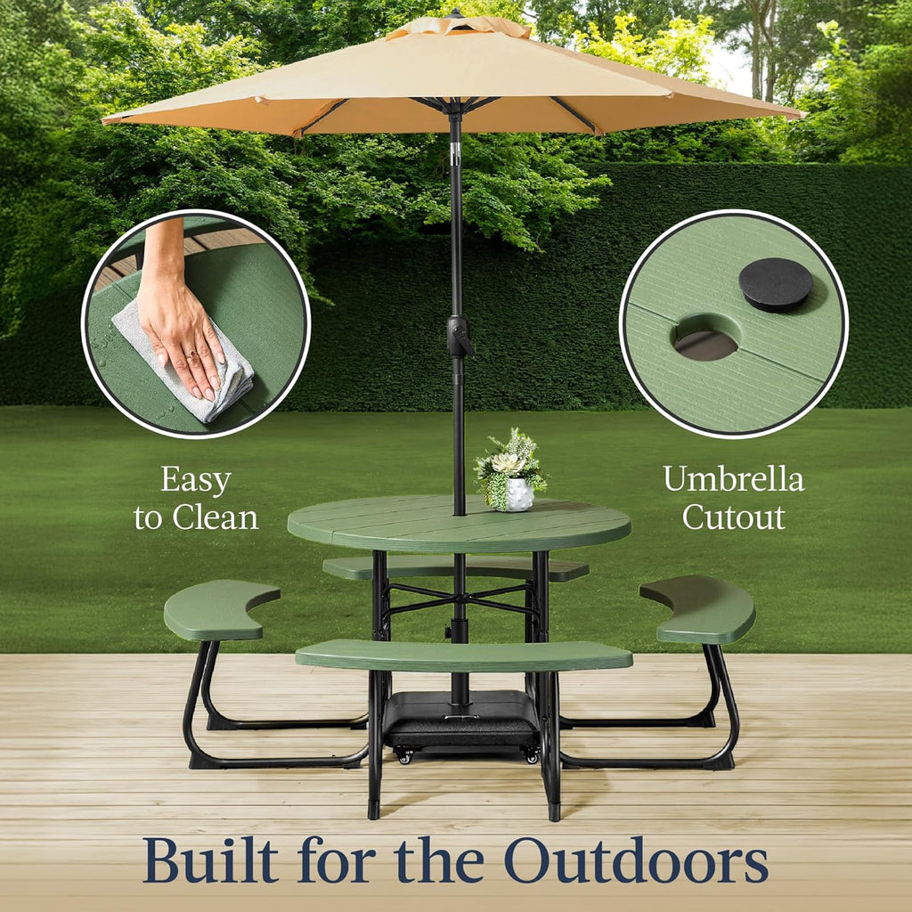 Best Choice Products - Mesa de picnic para 8 personas, circular con 4 bancos integrados y agujero para paraguas, capacidad de 2000 libras, color verde