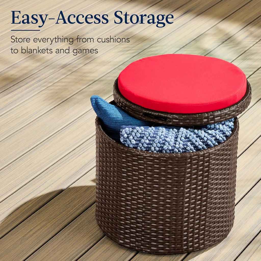 Best Choice Products - Otomana redonda de mimbre, muebles multiusos para exteriores, para patio, asiento adicional, reposapiés, mesa auxiliar con almacenamiento, cojines extraíbles, café/rojo