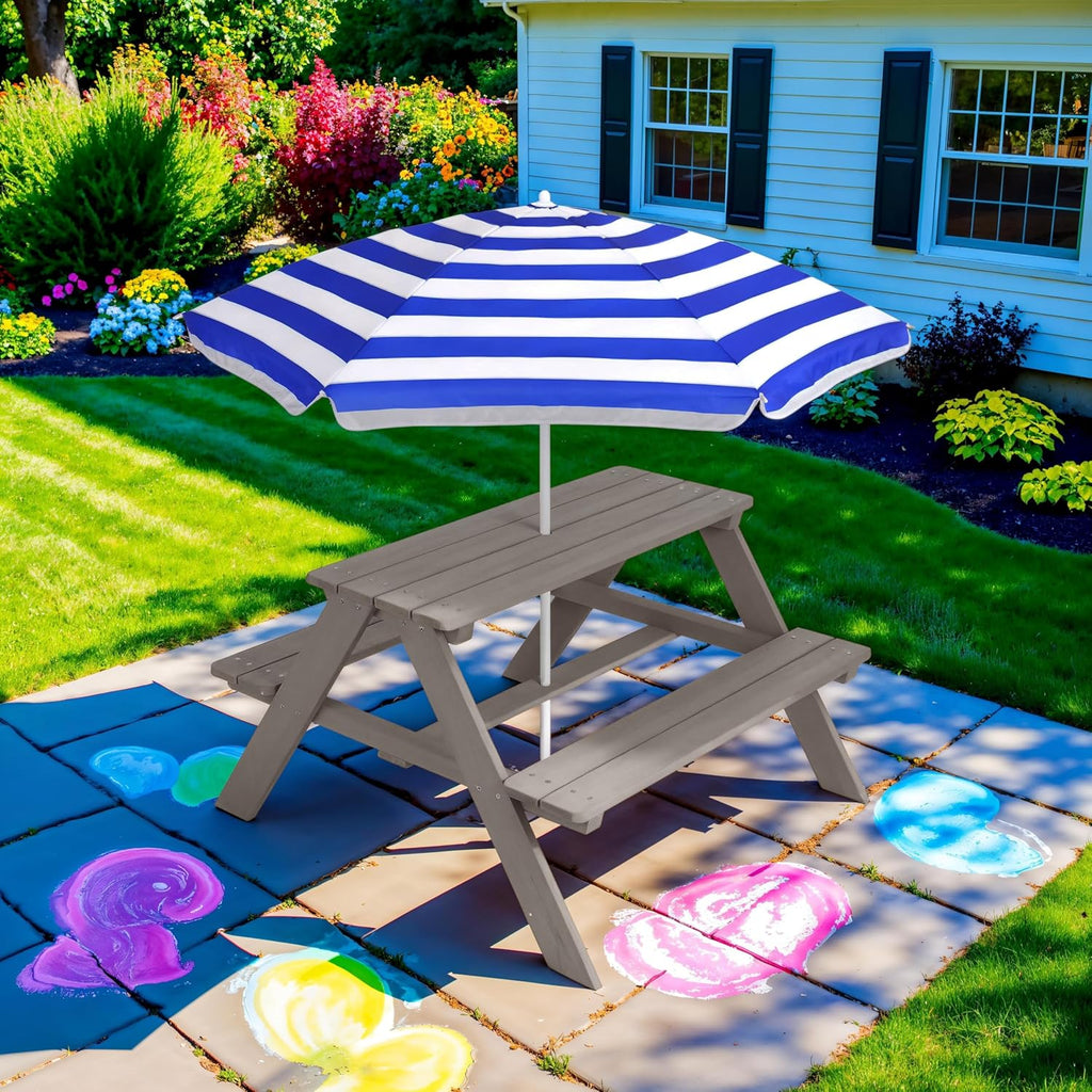 Best Choice Products - Mesa de picnic de madera para niños, mesa de actividades al aire última intervensión y comedor con paraguas plegable ajustable, asientos integrados, gris/azul marino