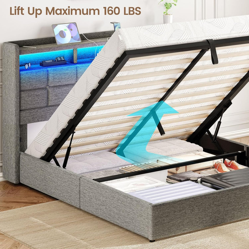 Marco de Cama de tamaño Queen con Almacenamiento, Marco de Cama tapizado tamaño Queen con Luces LED, cabecera y estación de Carga, no Necesita somier, fácil Montaje, Gris Claro