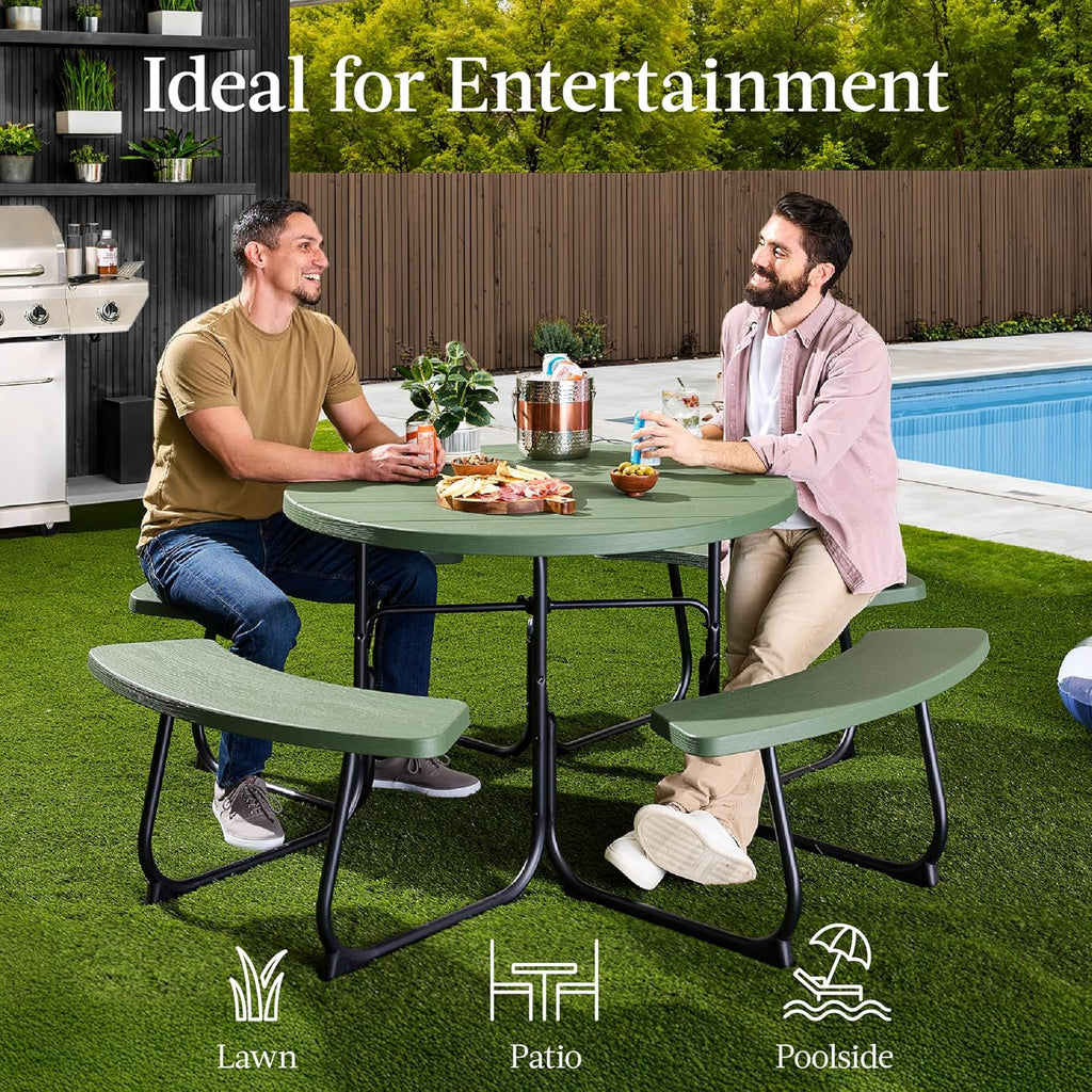 Best Choice Products - Mesa de picnic para 8 personas, circular con 4 bancos integrados y agujero para paraguas, capacidad de 2000 libras, color verde