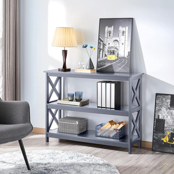 Yaheetech - Mesa de consola con 3 estantes de almacenamiento, mesa de entrada, sofá, mesa auxiliar estrecha y larga estantería para pasillo, sala de estar, muebles decorativos, color gris