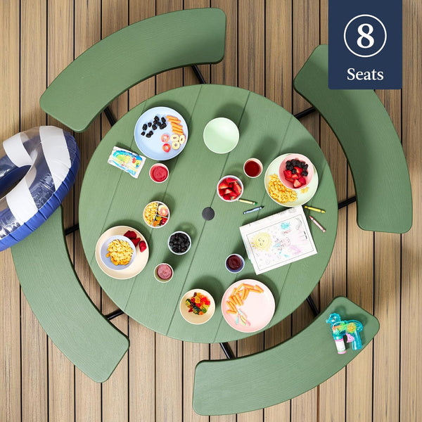 Best Choice Products - Mesa de picnic para 8 personas, circular con 4 bancos integrados y agujero para paraguas, capacidad de 2000 libras, color verde