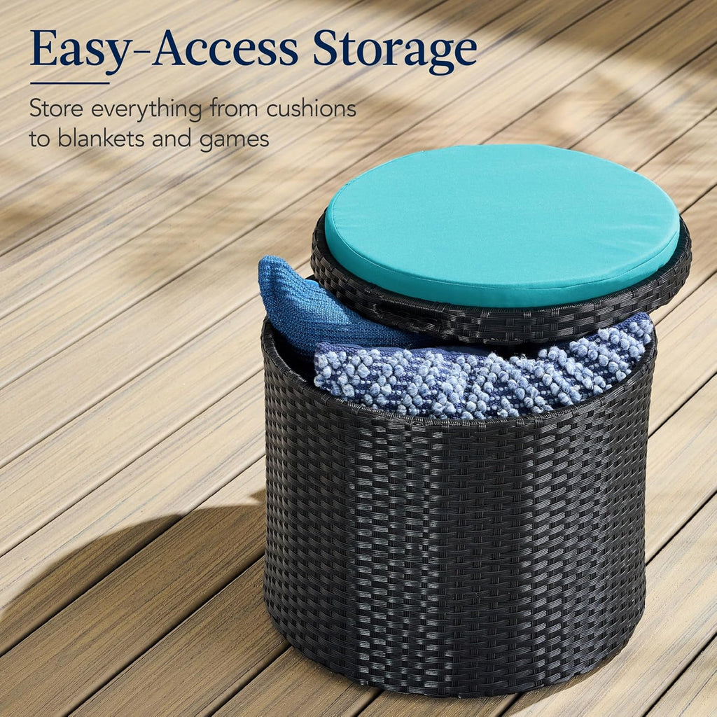 Best Choice Products - Otomana redonda de mimbre, muebles multiusos para exteriores, para patio, asiento adicional, reposapiés, mesa auxiliar con almacenamiento, cojines extraíbles, color negro/verde