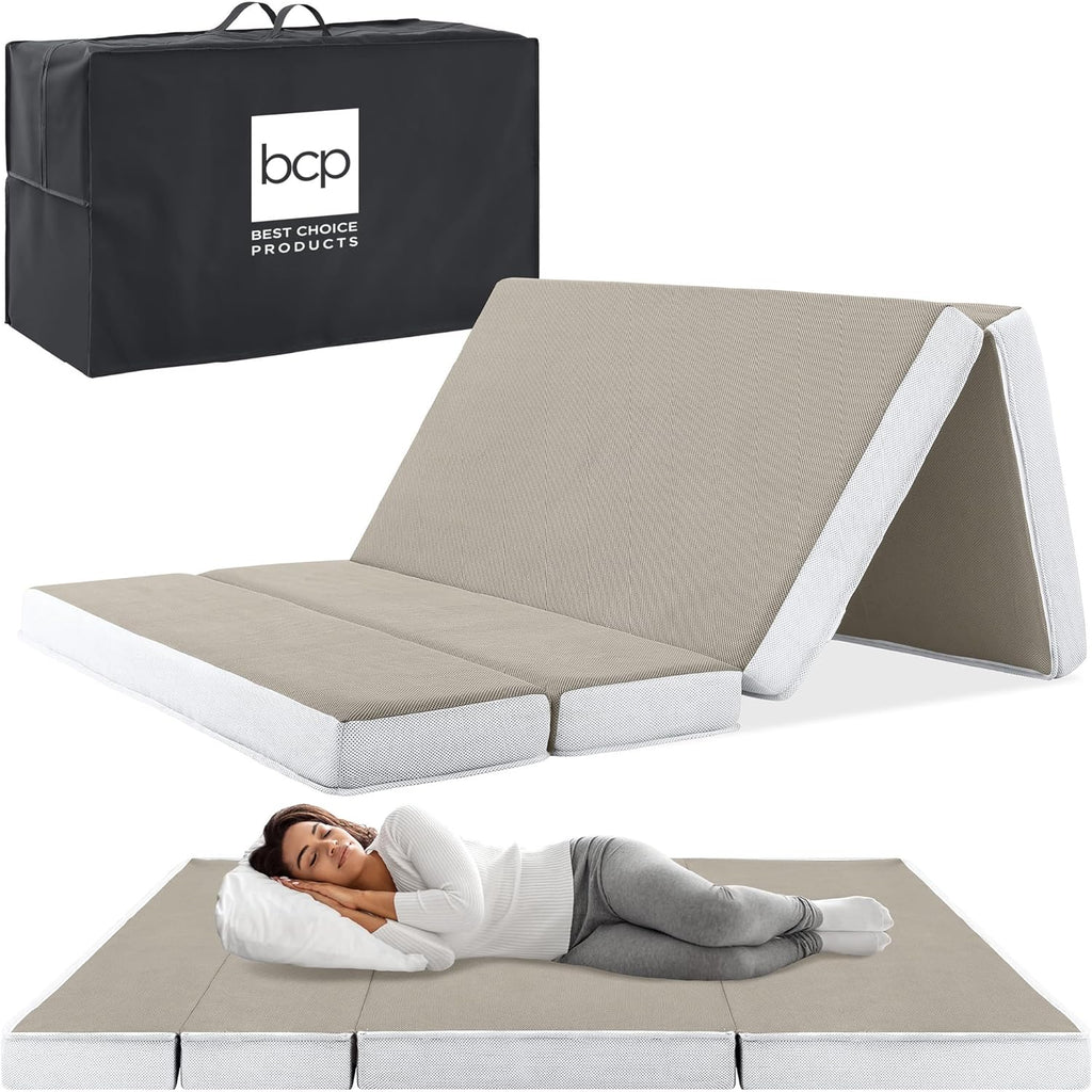 Best Choice Products Colchón portátil de tamaño completo de 4 pulgadas, cubrecolchón plegable para camping, invitados, niños pequeños, felpa de espuma con funda de transporte, color gris pardo