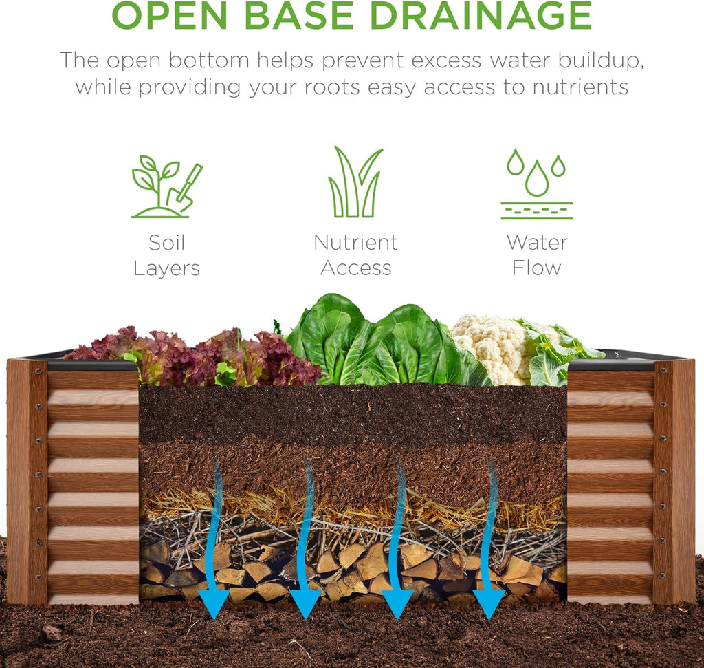 Best Choice Products Cama de jardín elevada de metal para exteriores de 4 x 2 pies, caja de maceta de raíz profunda para verduras, flores, hierbas y suculentas con capacidad de 119 galones, grano de madera