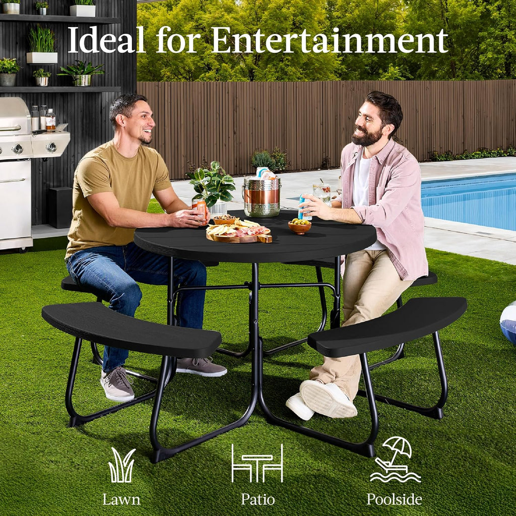 Best Choice Products - Mesa de picnic para 8 personas, circular con 4 bancos integrados y agujero para paraguas, capacidad de 2000 libras, color negro