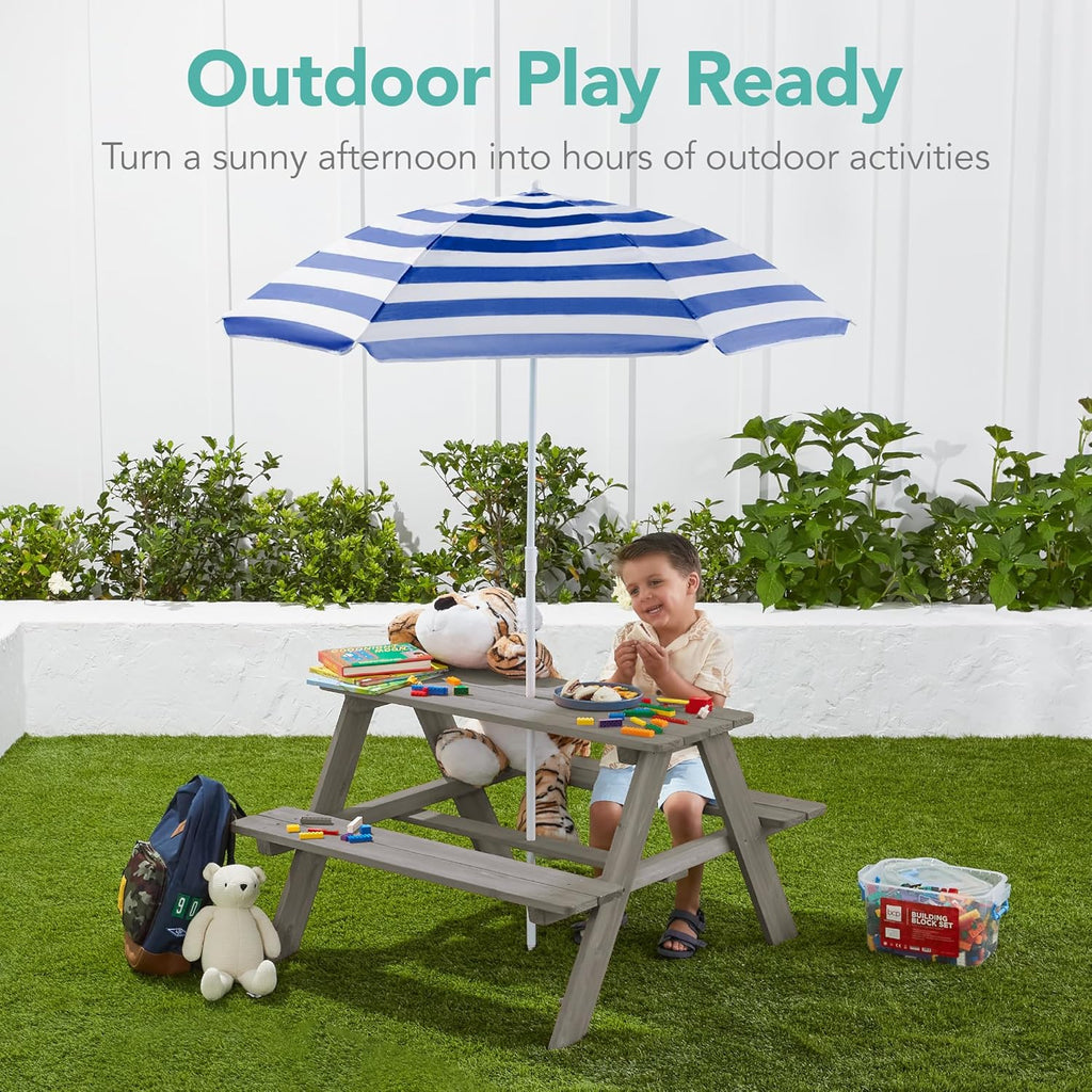 Best Choice Products - Mesa de picnic de madera para niños, mesa de actividades al aire última intervensión y comedor con paraguas plegable ajustable, asientos integrados, gris/azul marino