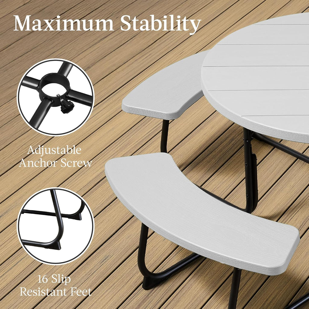 Best Choice Products - Mesa de picnic para 8 personas, circular con 4 bancos integrados y agujero para paraguas, capacidad de 2000 libras, color blanco