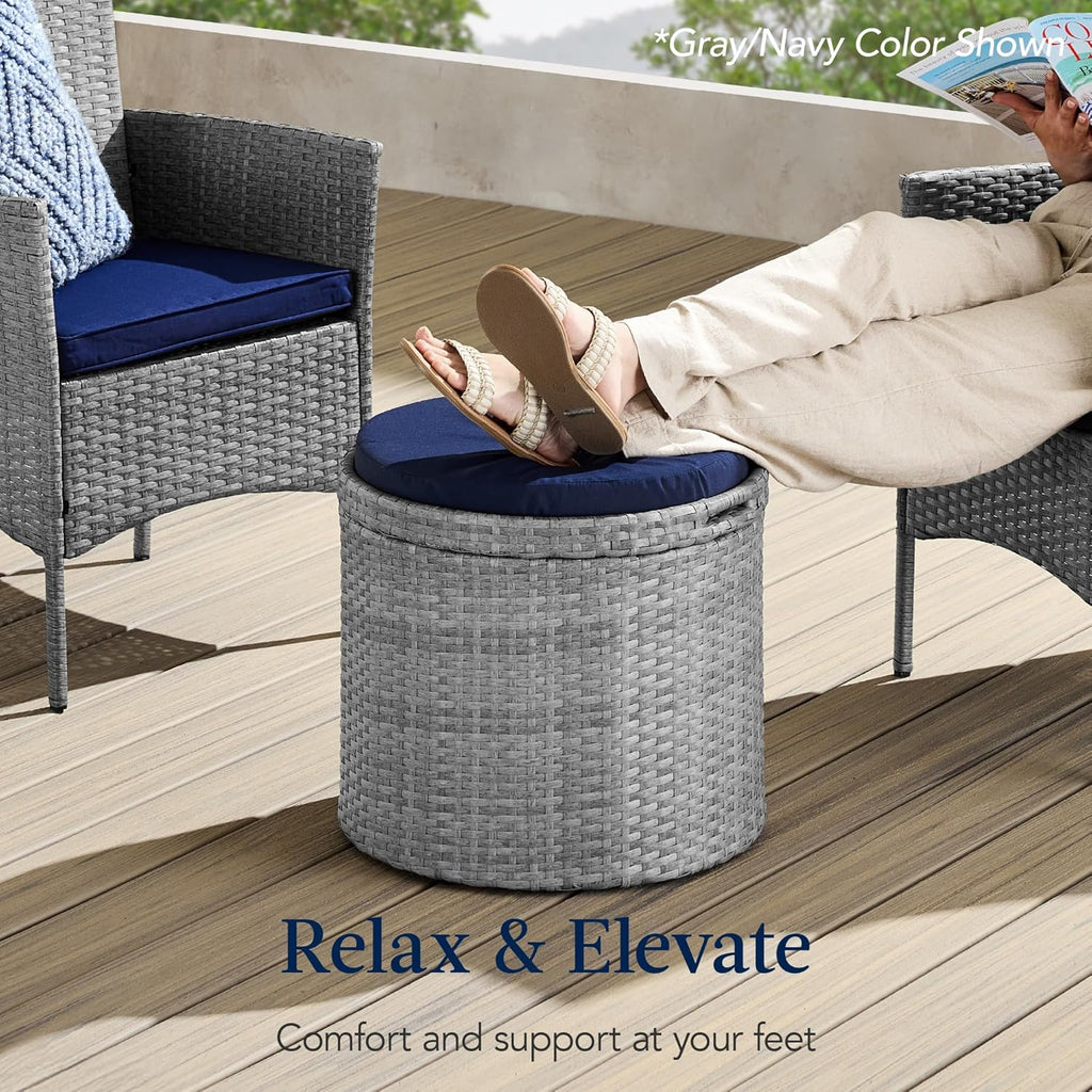 Best Choice Products otomana redonda de mimbre, muebles multiusos para exteriores, para patio, asiento adicional, reposapiés, mesa auxiliar con almacenamiento, cojines extraíbles, gris/crema