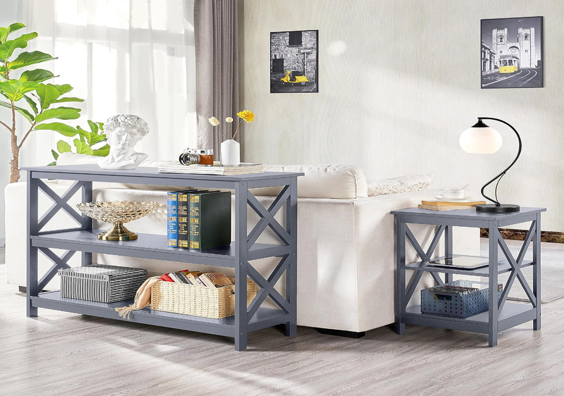 Yaheetech - Mesa de consola con 3 estantes de almacenamiento, mesa de entrada, sofá, mesa auxiliar estrecha y larga estantería para pasillo, sala de estar, muebles decorativos, color gris