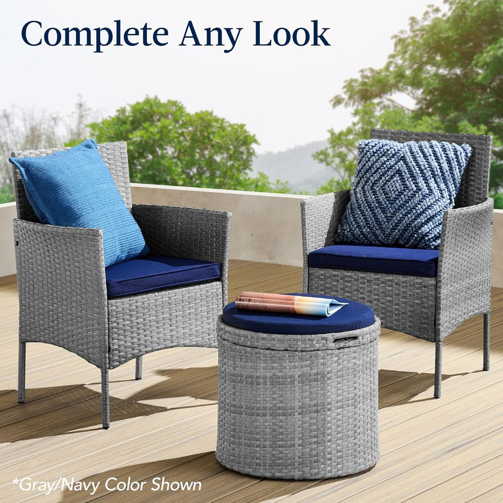 Best Choice Products otomana redonda de mimbre, muebles multiusos para exteriores, para patio, asiento adicional, reposapiés, mesa auxiliar con almacenamiento, cojines extraíbles, gris/crema