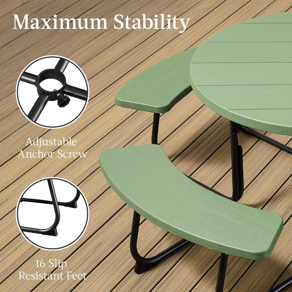 Best Choice Products - Mesa de picnic para 8 personas, circular con 4 bancos integrados y agujero para paraguas, capacidad de 2000 libras, color verde